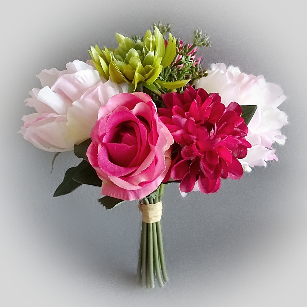 künstliche Blumen Kunstblumen Frühlingsstrauß Rosen Dahlien Strauß 24 cm rosa 